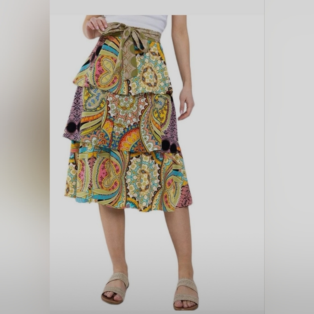 Ces Femme Yellow Green A-Line Midi Skirt